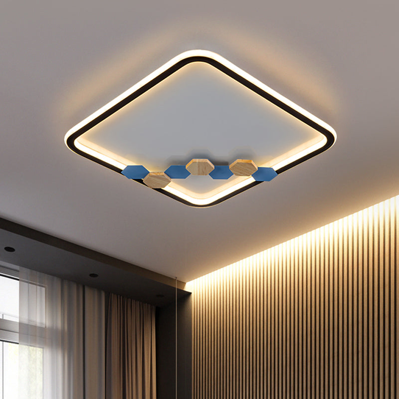 Minimalist Black Ceiling Mounted LED Flush Lamp with Leaf/Geometric Deco - Round/Square Design