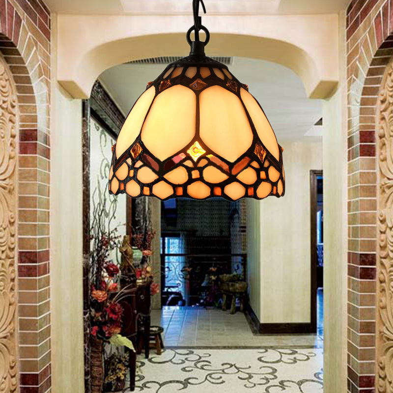 Dome Down Pendant Lamp Tiffany-Style Beige Stained Glass Entryway Suspension Light