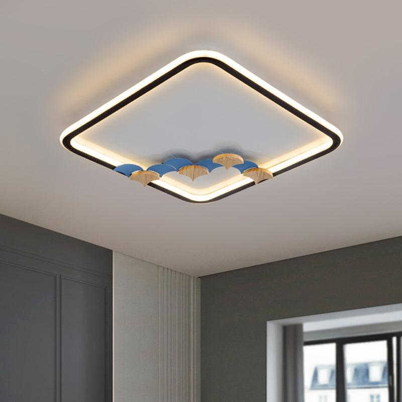 Minimalist Black Ceiling Mounted LED Flush Lamp with Leaf/Geometric Deco - Round/Square Design