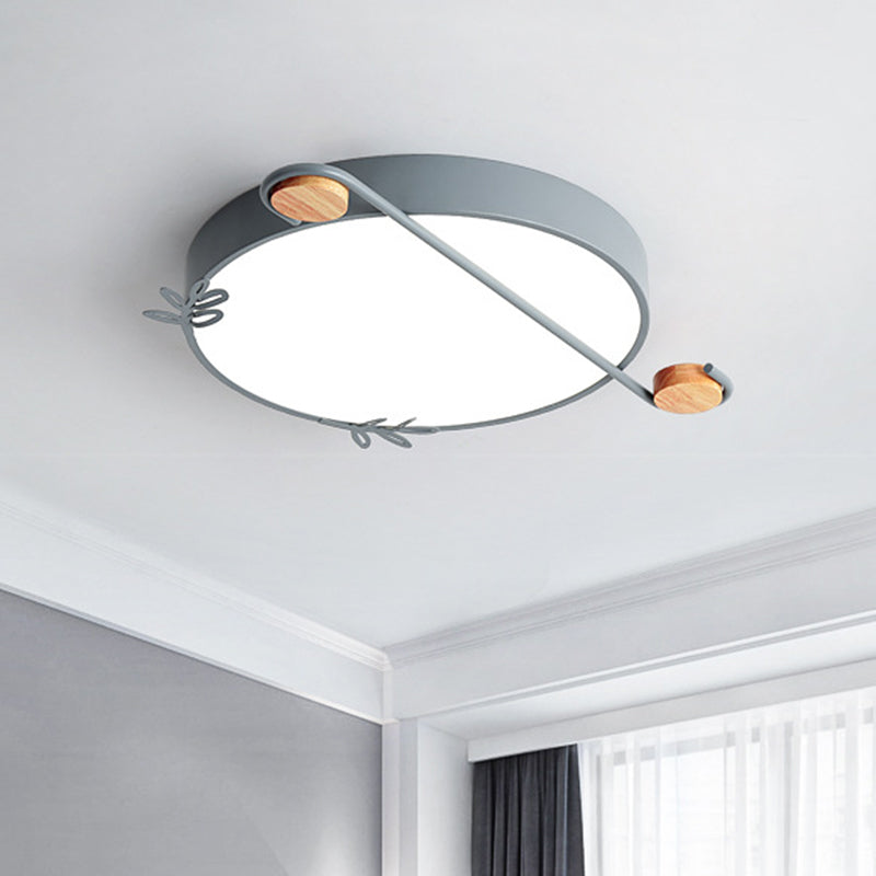 Wide Drum Metallic Flushmount LED Ceiling Light for Bedroom - Simple Black/Grey/White Design, 16"/19.5" Width