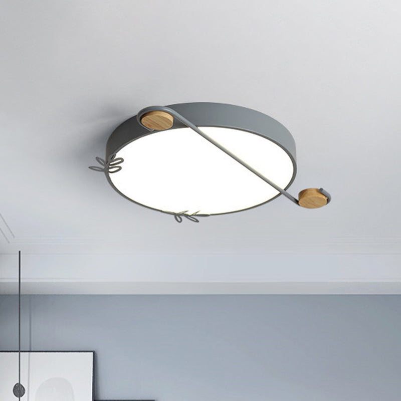 Wide Drum Metallic Flushmount LED Ceiling Light for Bedroom - Simple Black/Grey/White Design, 16"/19.5" Width