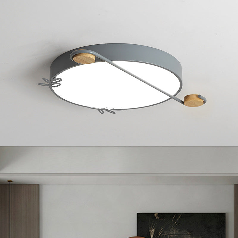 Wide Drum Metallic Flushmount LED Ceiling Light for Bedroom - Simple Black/Grey/White Design, 16"/19.5" Width