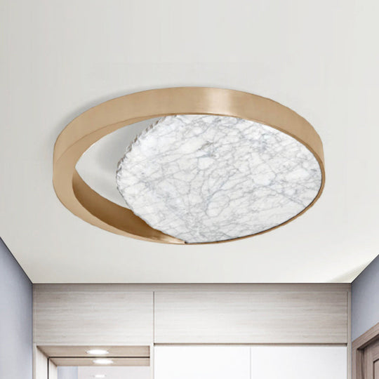 Metallic Gold LED Round Flush Mount Light Fixture with Marble Design for Balcony