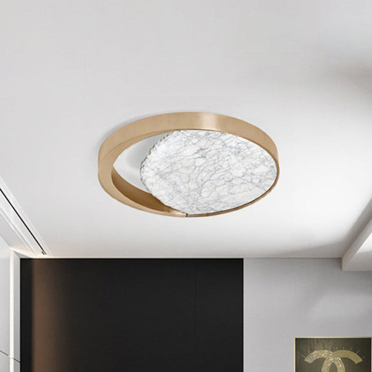 Metallic Gold LED Round Flush Mount Light Fixture with Marble Design for Balcony