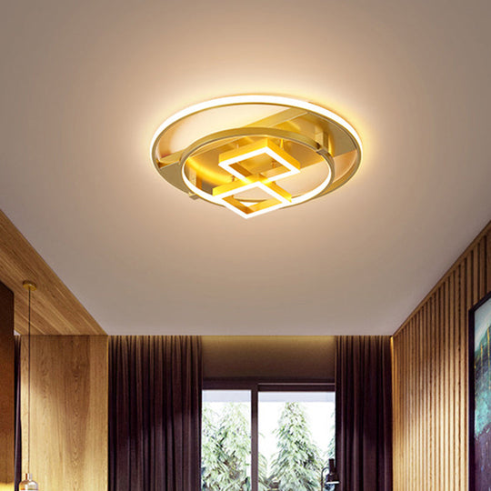 Modern Gold LED Flush Mount Ceiling Light for Bedrooms - Square & Circle Metallic Design Fixture