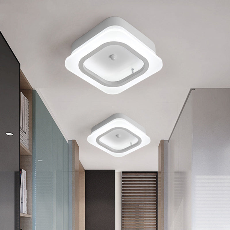 Contemporary LED Metal Ceiling Mount Light - White Square Flush Fixture, Warm White Illumination