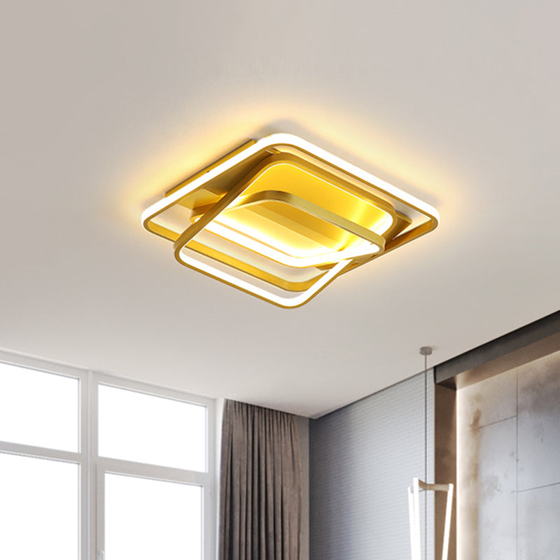 Plafonnier LED moderne en métal doré pour salon - Luminaire encastré à 3 cadres carrés