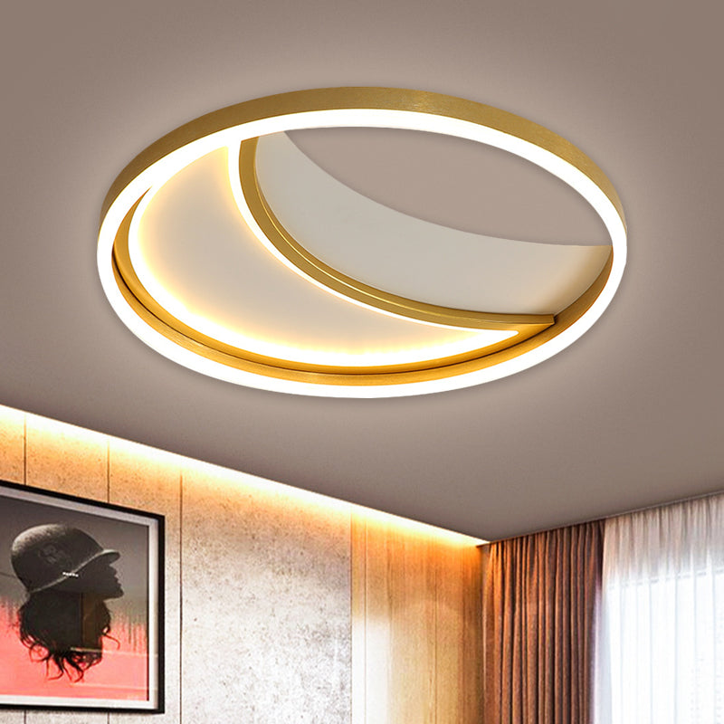 Contemporary LED Gold Flush Mount Moon Metallic Flush Light - White/3 Color Light