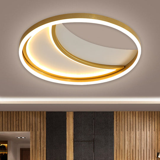 Contemporary LED Gold Flush Mount Moon Metallic Flush Light - White/3 Color Light