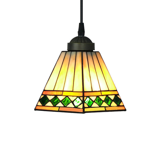 Tiffany Style Stained Glass Pyramid Pendant Ceiling Light - Green/Red Multicolored Hanging Lamp