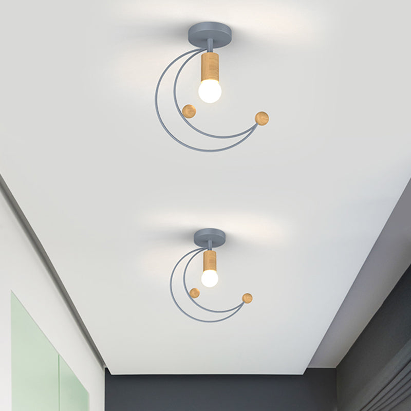 Modern Metallic Crescent Ceiling Light With Wooden Ball Deco - Semi Flush Mount In Black/White/Grey