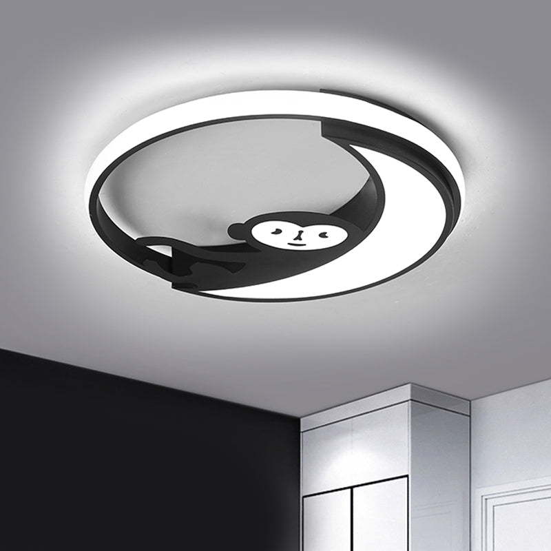 Led Monkey Cartoon Style Flush Mount Lamp - Black/White Metal Ceiling Lighting Fixture