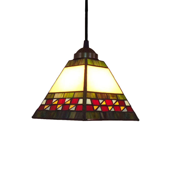 Tiffany Style Stained Glass Pyramid Pendant Ceiling Light - Green/Red Multicolored Hanging Lamp Red