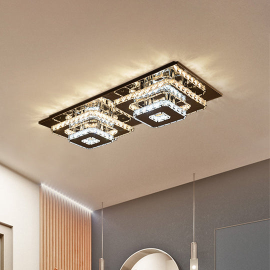 Minimalist Crystal Block Led Flush Mount Ceiling Light Chrome Square Tiered Fixture