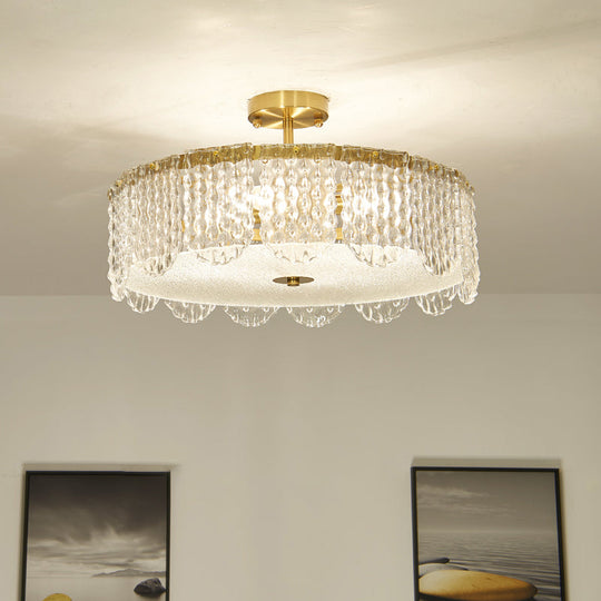 Contemporary 4-Light Semi Flush Mount Gold Lamp with Beveled Glass Drum Design