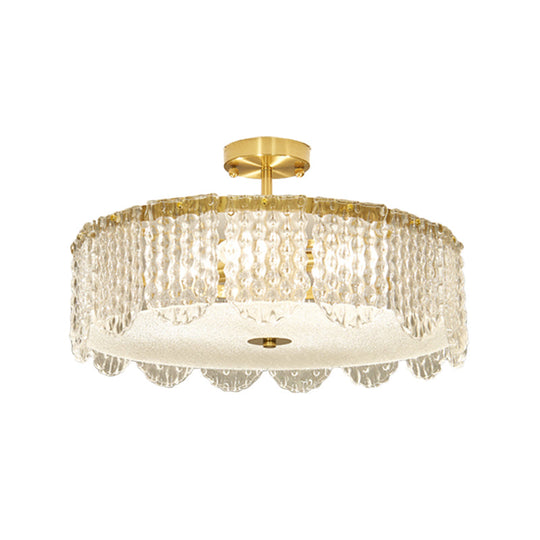 Contemporary 4-Light Semi Flush Mount Gold Lamp with Beveled Glass Drum Design