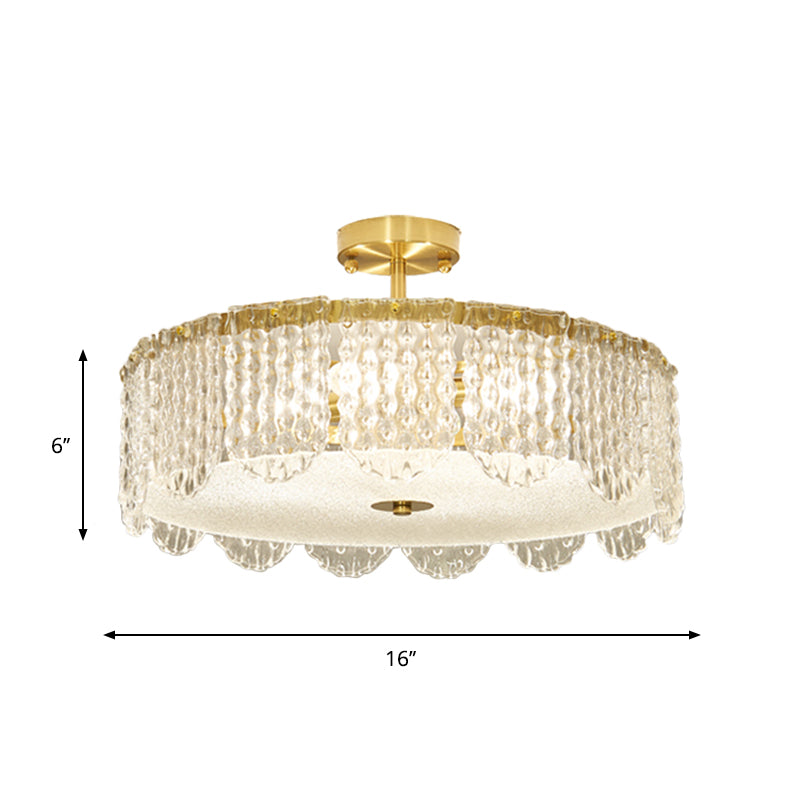 Contemporary 4-Light Semi Flush Mount Gold Lamp with Beveled Glass Drum Design