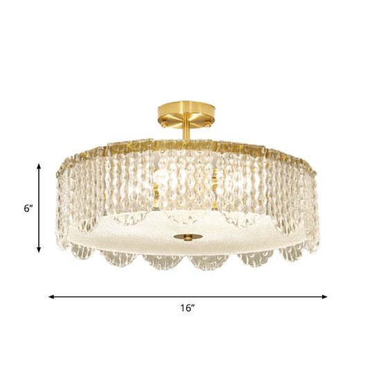 Contemporary 4-Light Semi Flush Mount Gold Lamp with Beveled Glass Drum Design