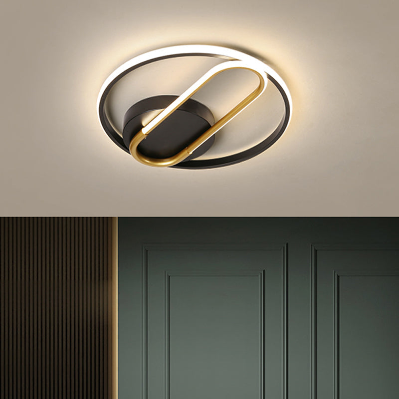 Modernist Metal Flush Ceiling Lighting Fixture - Ring and Oval Design - 16.5"/20.5" Width - LED - Black - Warm/White Light