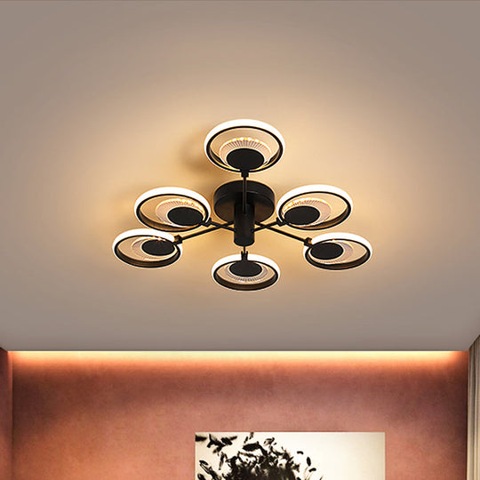 Modern Metal LED Semi Flush Chandelier: Circles Radial Design, Black, Warm/White Light - Bedroom Ceiling Lamp