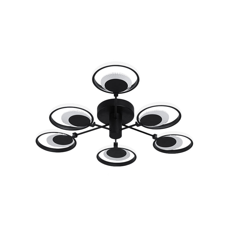 Modern Metal Led Semi Flush Chandelier: Circles Radial Design Black Warm/White Light - Bedroom