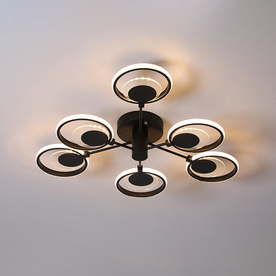 Modern Metal LED Semi Flush Chandelier: Circles Radial Design, Black, Warm/White Light - Bedroom Ceiling Lamp