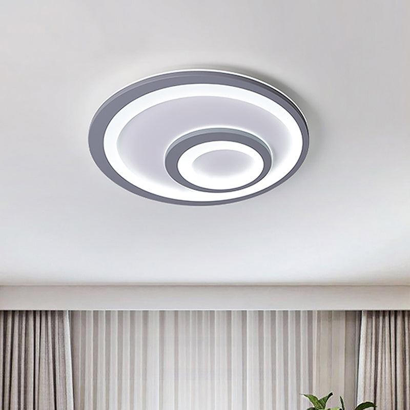 Modern Led Flush Mount Lamp - Sleek Grey Ceiling Light With Round Metal Shade In Warm/White