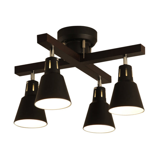 Modern Monochrome Bucket Shade Semi Flush Ceiling Light – 4 Lights Metallic Lamp for Bedroom