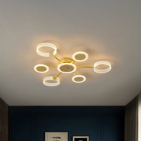 Modern Circle Semi Flush Acrylic LED Ceiling Light in Gold - 31.5"/39", 7/9 Heads - Warm/White Light for Living Room