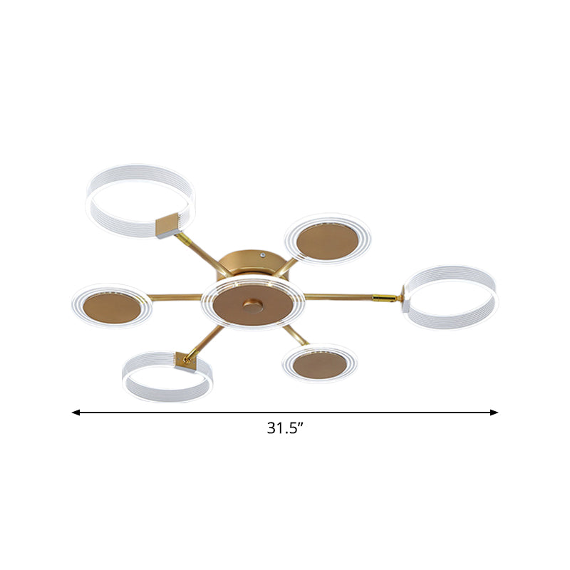 Modern Circle Semi Flush Acrylic LED Ceiling Light in Gold - 31.5"/39", 7/9 Heads - Warm/White Light for Living Room