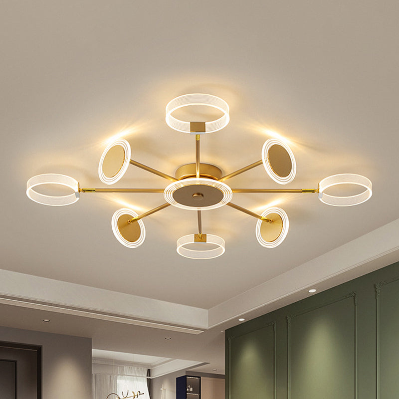 Modern Circle Semi Flush Acrylic LED Ceiling Light in Gold - 31.5"/39", 7/9 Heads - Warm/White Light for Living Room