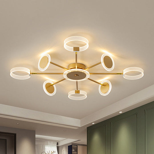 Modern Circle Semi Flush Acrylic LED Ceiling Light in Gold - 31.5"/39", 7/9 Heads - Warm/White Light for Living Room