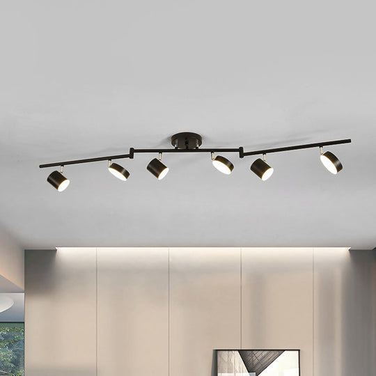 Modern Metal Drum Semi-Mount Ceiling Light Fixture with 6 LED Lights - Black Linear Design