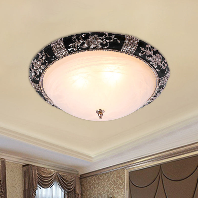 Rural Black Domed Flush Mount Lamp With Frosted Glass Ceiling And Leave/Flower Deco 3-Light 14/19.5