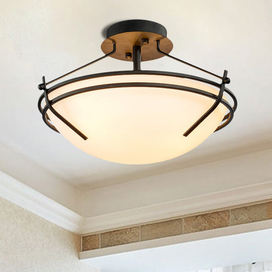 Traditional Black Glass Ceiling Light Fixture with 3 Opaque Heads for Bedroom Bowl Semi-Flush Mount