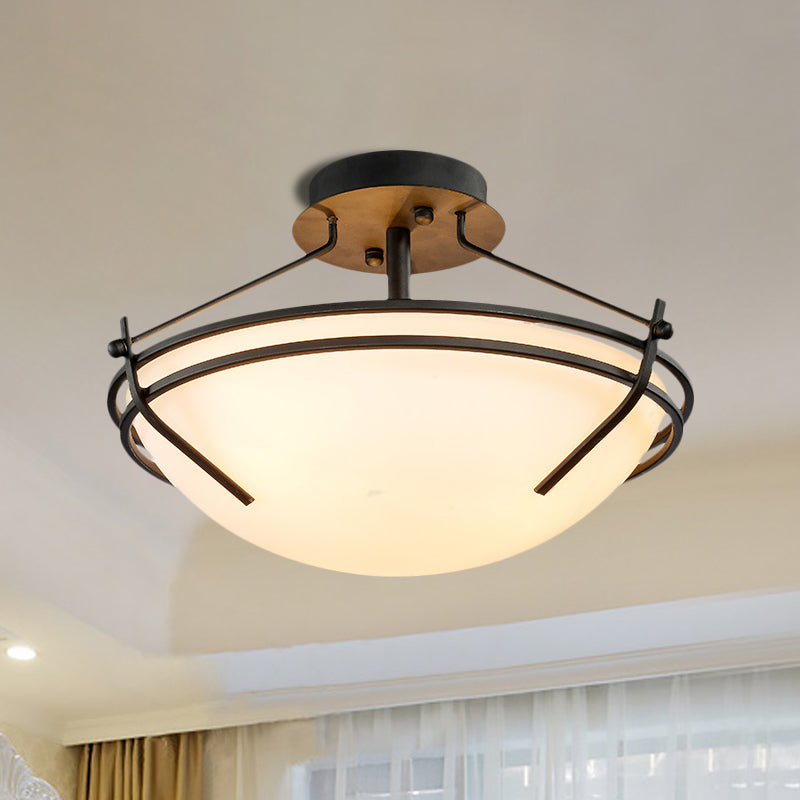 Traditional Black Glass Ceiling Light Fixture with 3 Opaque Heads for Bedroom Bowl Semi-Flush Mount