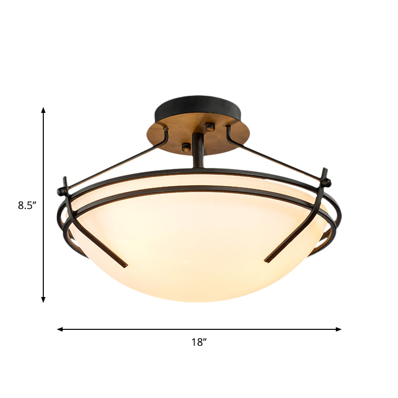 Traditional Black Glass Ceiling Light Fixture with 3 Opaque Heads for Bedroom Bowl Semi-Flush Mount