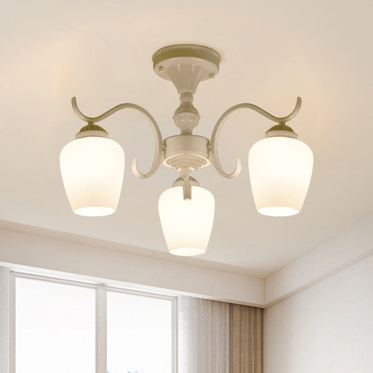 White Opaline Glass Cone Ceiling Lamp - 6-Light Semi Flush Chandelier in Countryside Style - 18.5"/24.5" Width