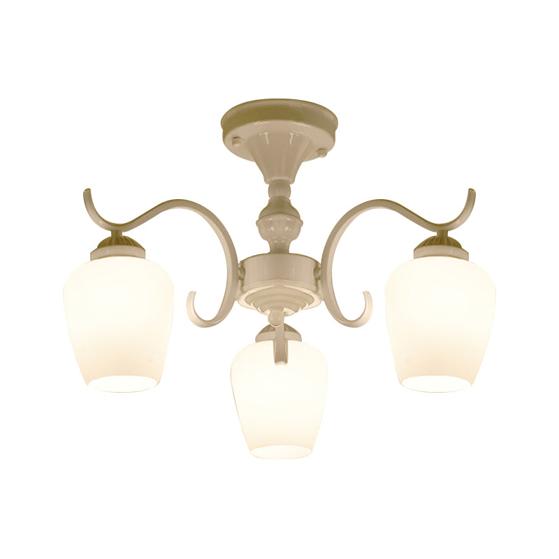 White Opaline Glass Cone Ceiling Lamp - 6-Light Semi Flush Chandelier in Countryside Style - 18.5"/24.5" Width