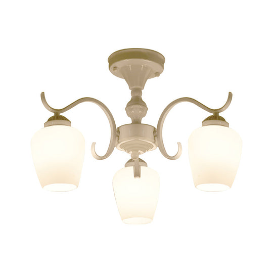 White Opaline Glass Cone Ceiling Lamp - 6-Light Semi Flush Chandelier in Countryside Style - 18.5"/24.5" Width