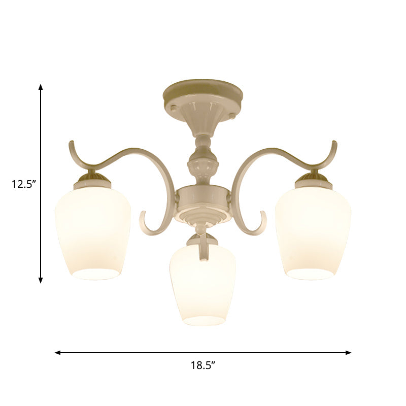 White Opaline Glass Cone Ceiling Lamp - 6-Light Semi Flush Chandelier in Countryside Style - 18.5"/24.5" Width