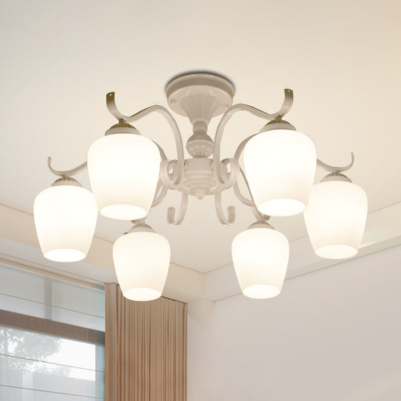 White Opaline Glass Cone Ceiling Lamp - 6-Light Semi Flush Chandelier In Countryside Style 18.5/24.5