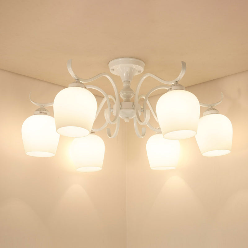 White Opaline Glass Cone Ceiling Lamp - 6-Light Semi Flush Chandelier In Countryside Style 18.5/24.5