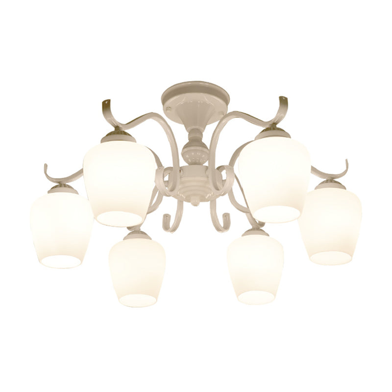 White Opaline Glass Cone Ceiling Lamp - 6-Light Semi Flush Chandelier in Countryside Style - 18.5"/24.5" Width