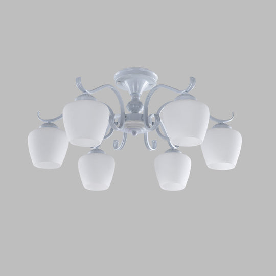 White Opaline Glass Cone Ceiling Lamp - 6-Light Semi Flush Chandelier in Countryside Style - 18.5"/24.5" Width