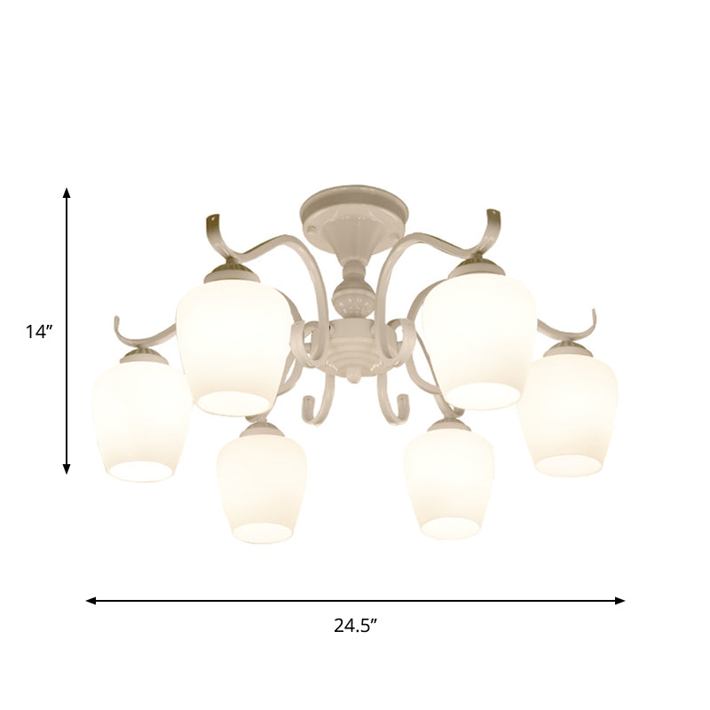 White Opaline Glass Cone Ceiling Lamp - 6-Light Semi Flush Chandelier in Countryside Style - 18.5"/24.5" Width