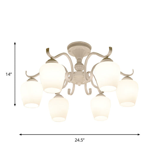 White Opaline Glass Cone Ceiling Lamp - 6-Light Semi Flush Chandelier in Countryside Style - 18.5"/24.5" Width