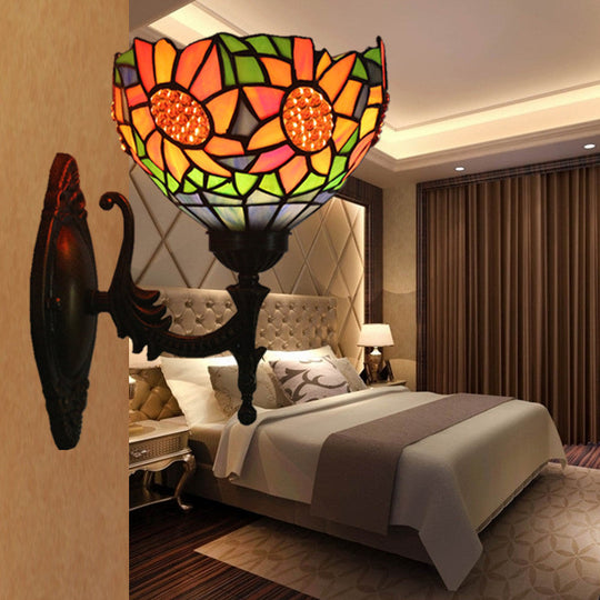 Wall Sconce: Elegant 1-Light Bedroom Baroque Brass Sunflower Pattern With Stained Glass Bowl Shade