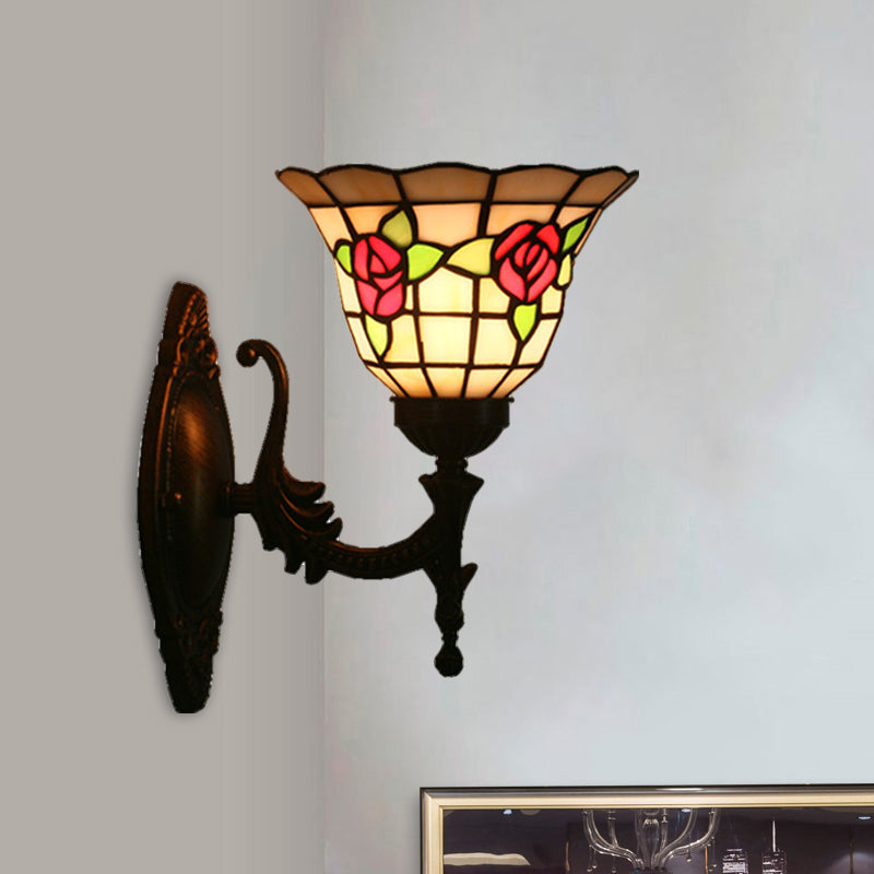 Tiffany Style Stained Glass Wall Sconce With Flared Design - Red/Pink/Blue Floral Pattern