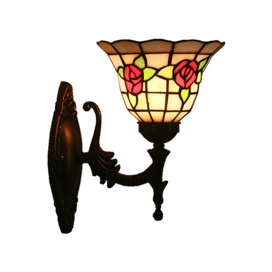 Tiffany Style Stained Glass Wall Sconce With Flared Design - Red/Pink/Blue Floral Pattern